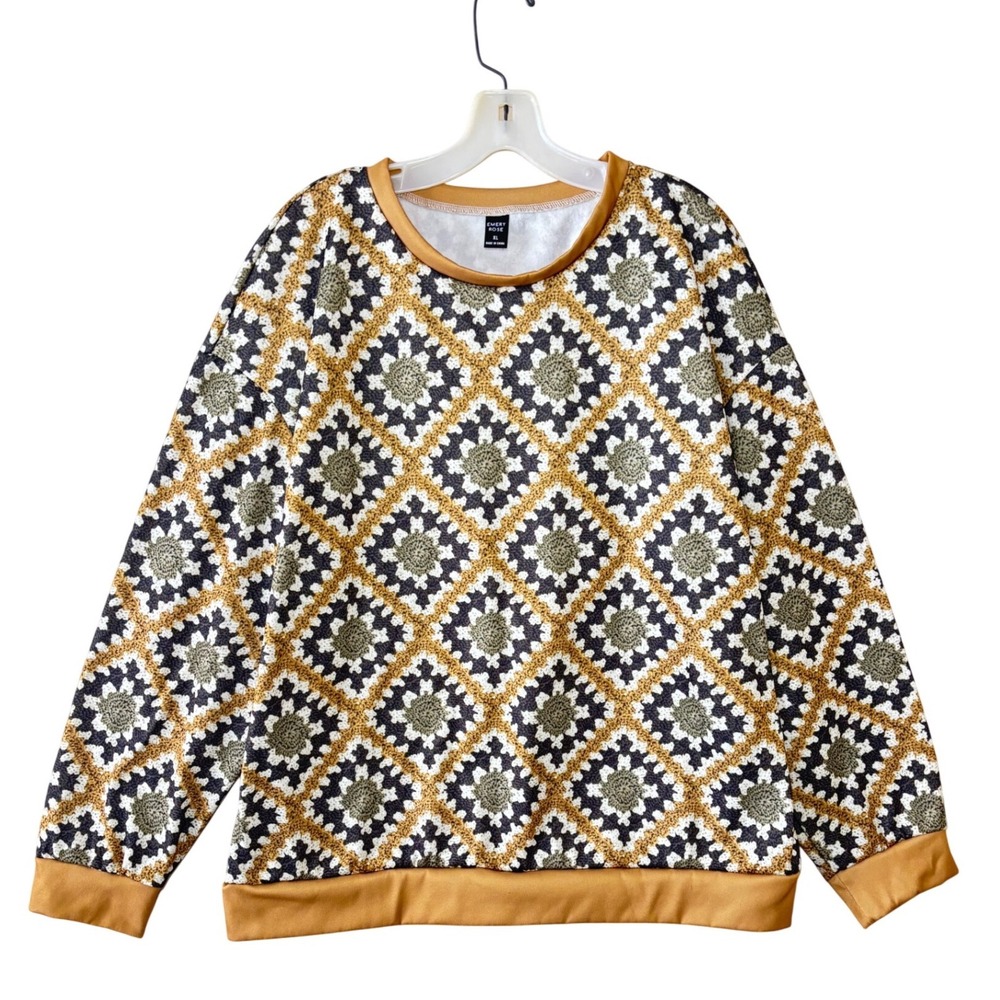 Emery Rose XL Fleece Lined Sweater Boho Geometric Mustard Cozy Fall Pullover